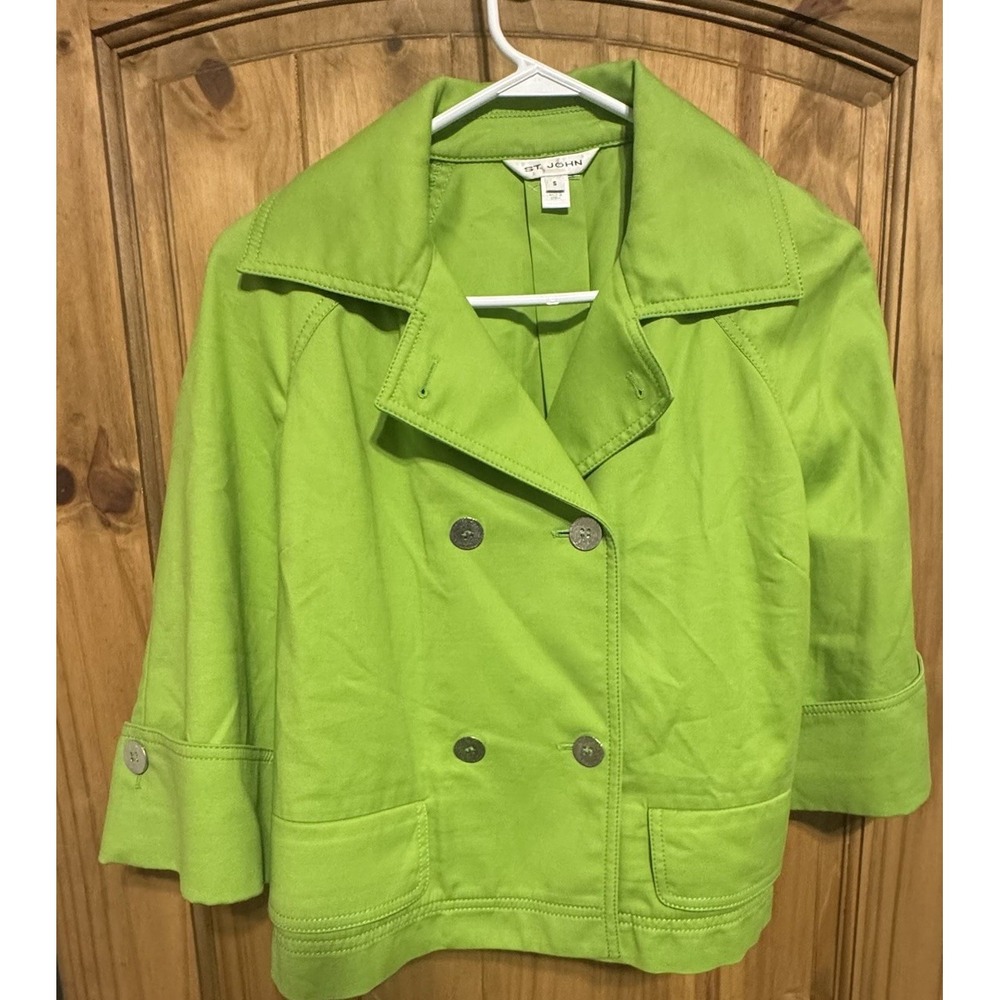 St. John Lime‎ Green Cropped Jacket S Stretch Cotton Double Breasted Preppy Chic